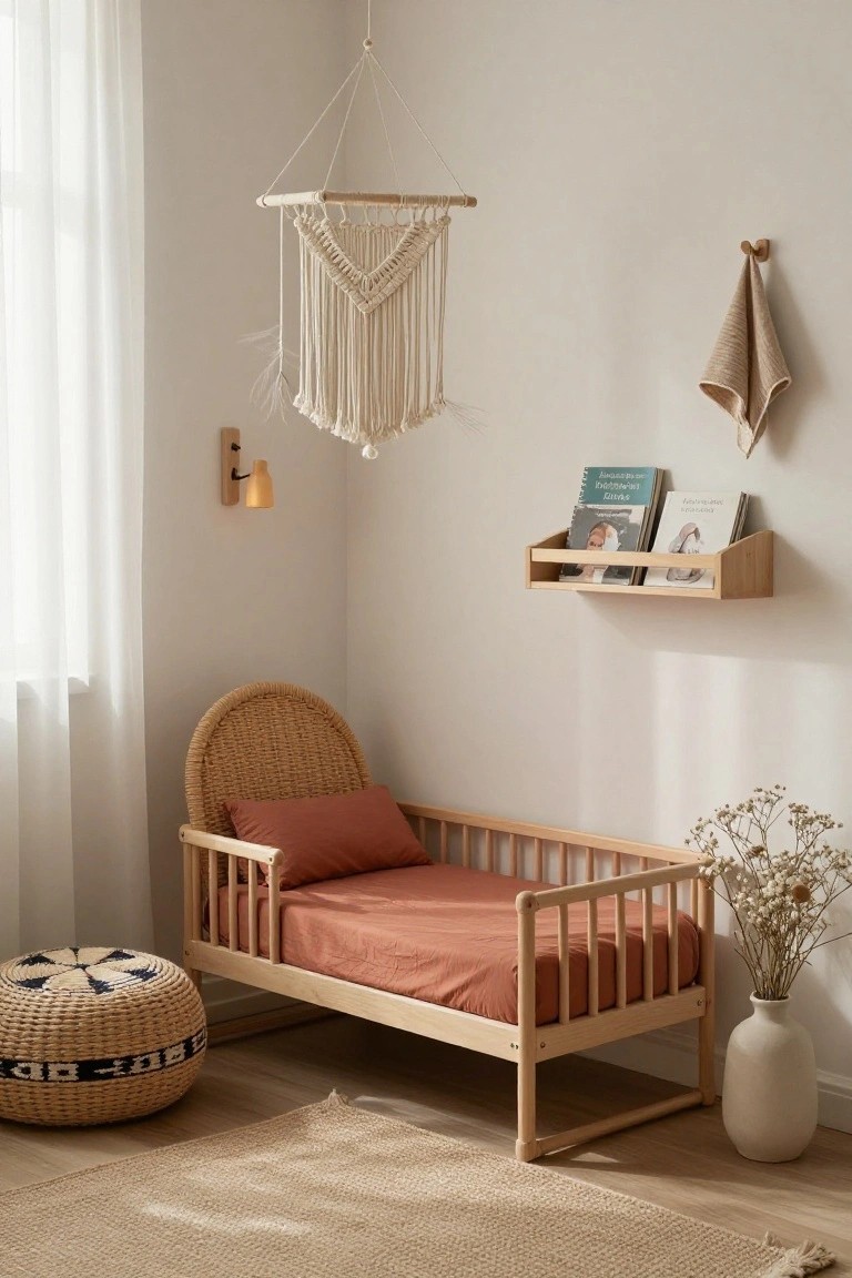 Boho nursery corner with low wooden toddler crib on terracotta sheets, rattan pouf stool, wooden bookshelf holding children's books, macrame hanging light, wall lamp, towel hook, sheer curtains, and vase of dried flowers on beige walls and wood floor.