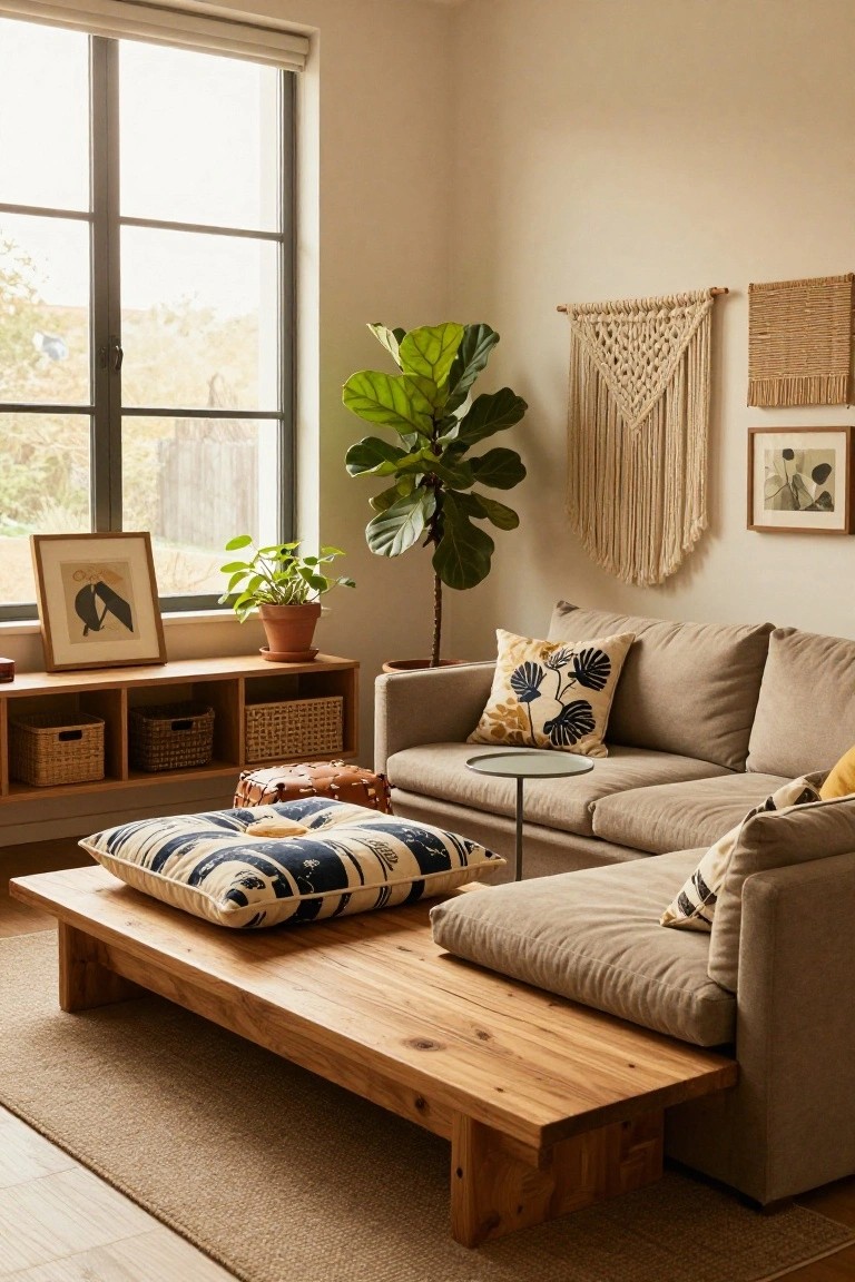 Beige living room with low rectangular wooden coffee table in front of L-shaped beige sofa, floor cushions, plants, macrame wall hanging, woven baskets on shelves, and large window with blinds.