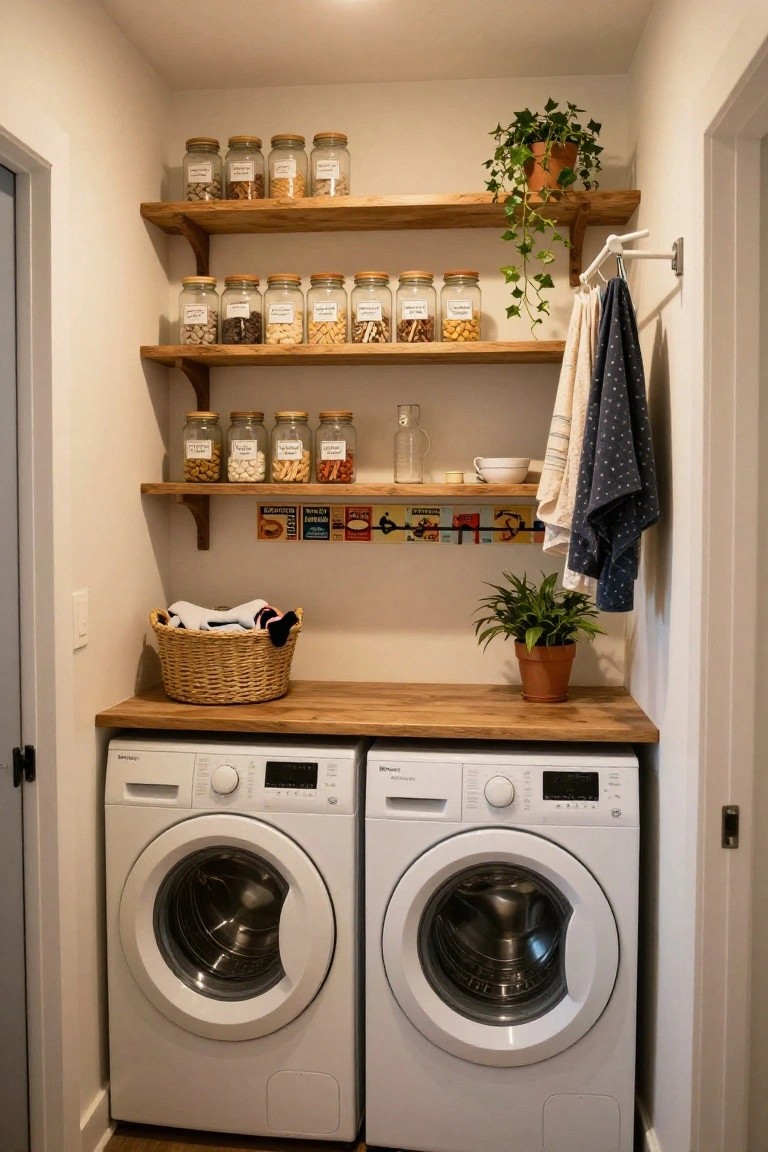 A compact laundry room with two white front-loading washing machines under wooden floating shelves stocked with glass jars of dry goods, potted plants, a wicker basket of laundry on a wooden countertop, hanging linens, and a door.