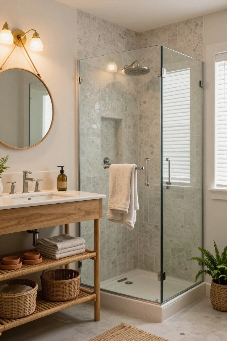 A compact bathroom with a light wood vanity featuring open lower shelves holding woven baskets, towels, and pots, next to a glass-enclosed shower with gray marble-patterned tiles, a round rope-handled mirror, and potted ferns.