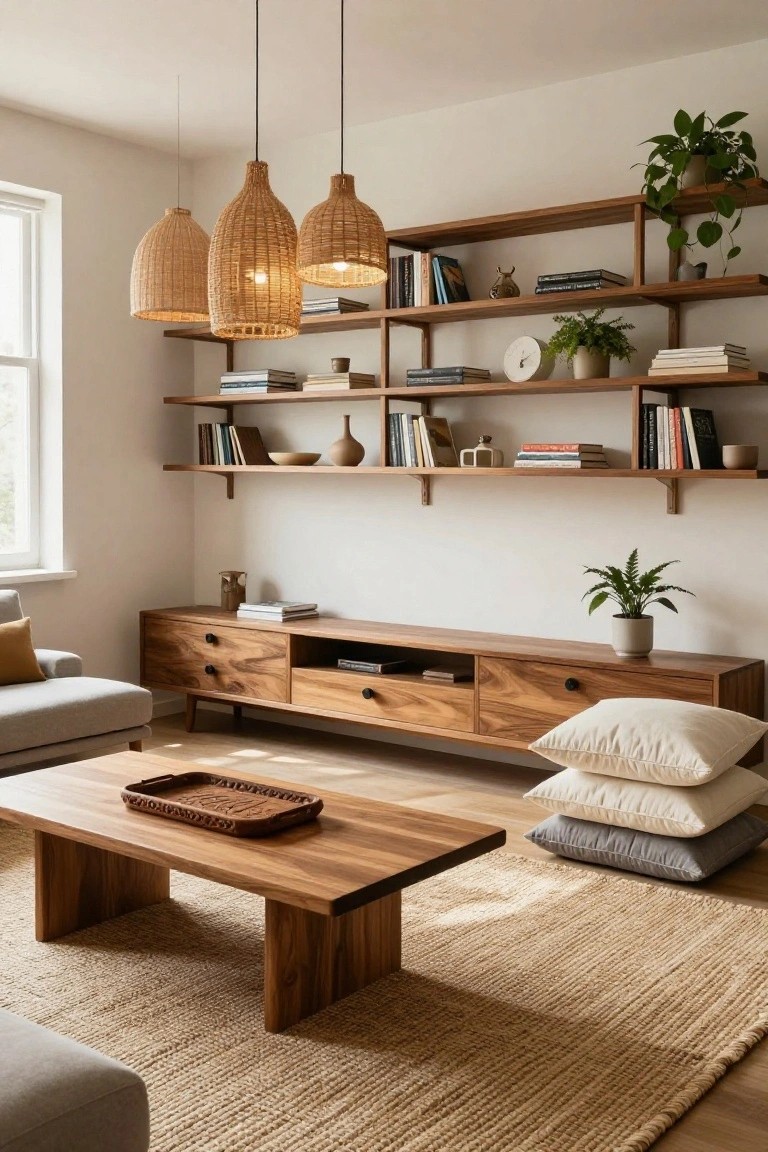 Open Wood Shelves Save Floor Space