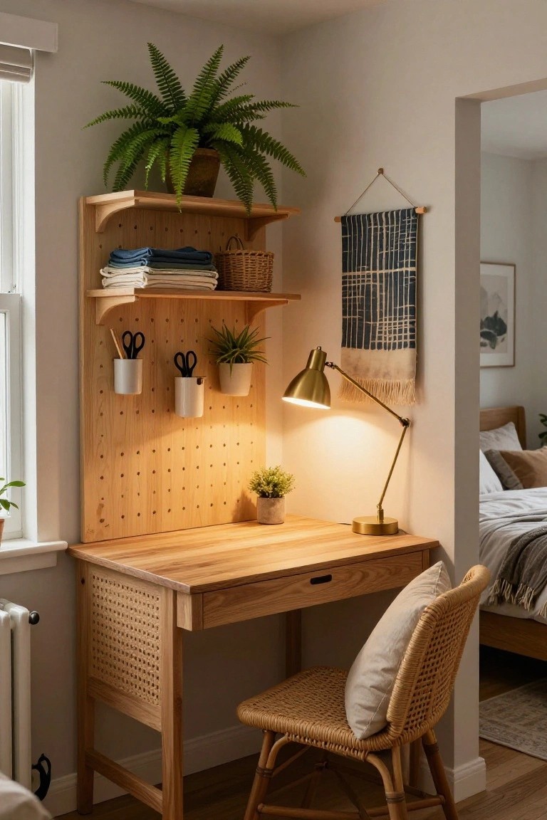 Wooden desk with pegboard back wall holding white pots with plants, scissors in a holder, small shelves with folded blue and white linens and a woven basket, gold desk lamp, rattan chair with cushion, and potted ferns nearby in a bright room.