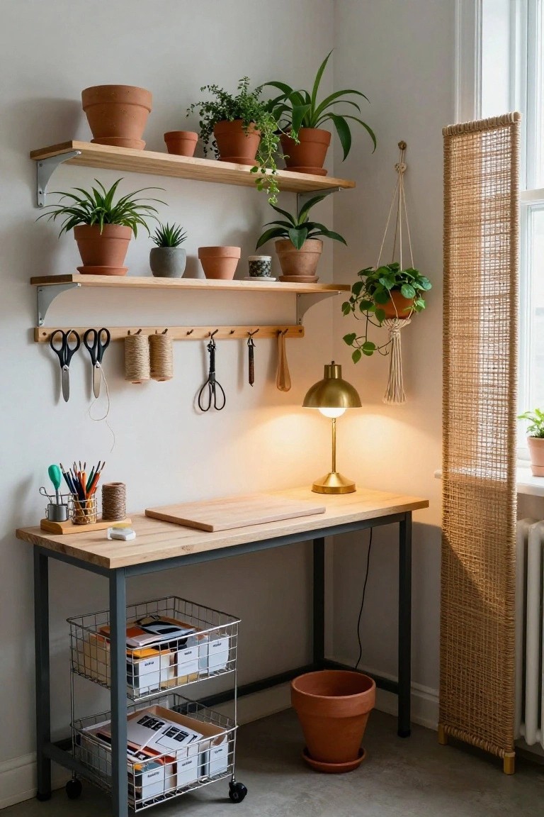 Corner indoor workspace featuring a wooden-topped metal desk with wire basket storage underneath, wall-mounted wooden shelves holding multiple potted plants in terracotta pots, a pegboard with hanging tools, gold desk lamp, and a tall rattan room divider nearby.