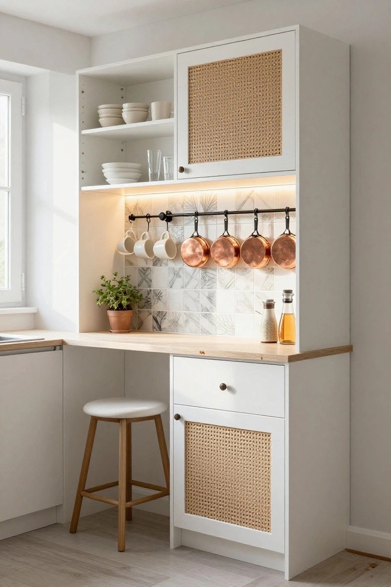 Tall white kitchen cabinet unit with rattan panel doors, open upper shelves holding white dishes and glasses, LED-lit hanging rail with copper pots and white mugs, geometric tile backsplash, light wood countertop with white bar stool, potted plant, and salt shaker in a bright indoor kitchen corner.