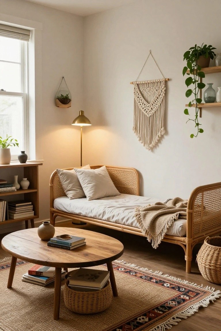 A light beige room corner with a rattan daybed covered in white sheets and pillows plus a beige throw blanket, a round wooden coffee table holding books and baskets, bookshelves with plants and vases, macrame wall hanging, hanging plants, and a gold floor lamp.