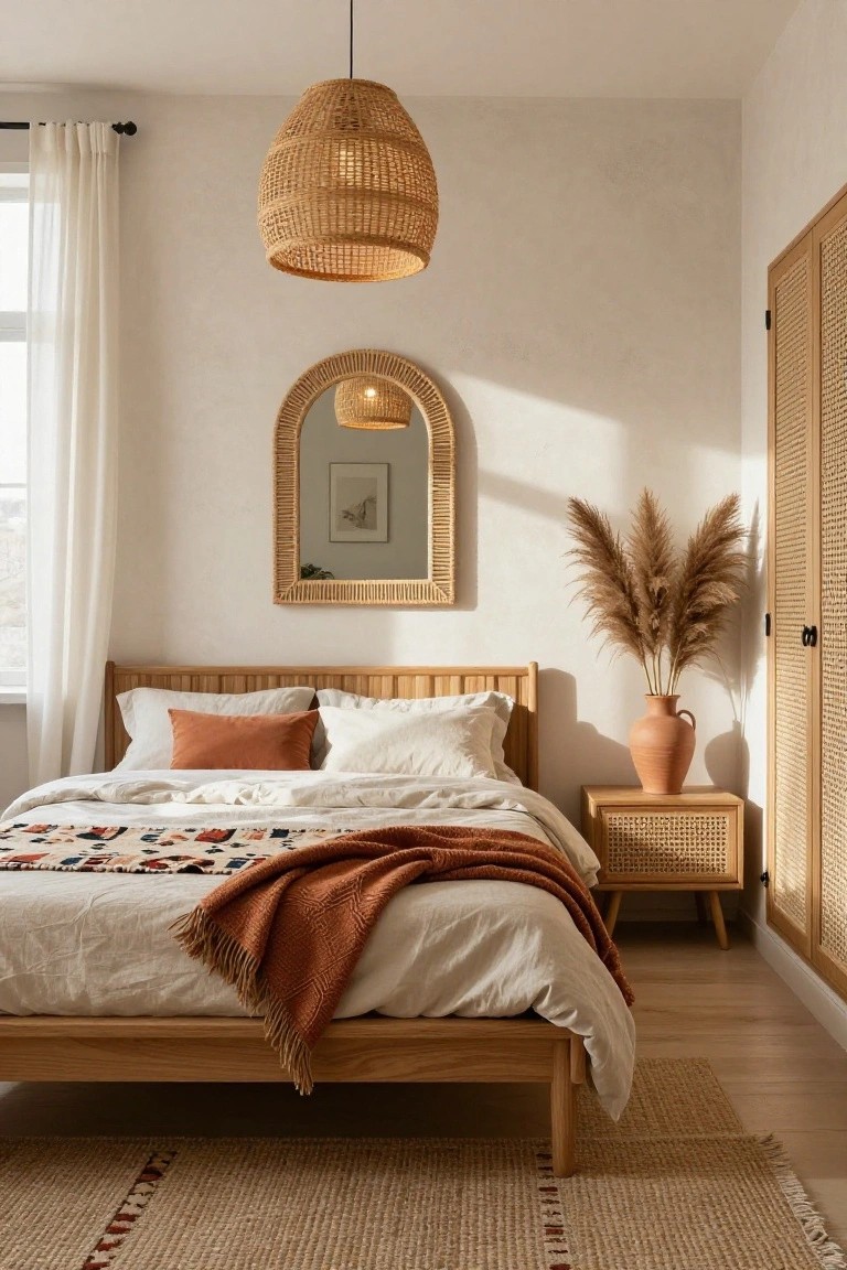 A small boho bedroom with wooden platform bed draped in white linens and orange throw, rattan nightstand, terracotta vase of pampas grass, arched rattan mirror, woven pendant light, and seagrass rug on light wood floors.