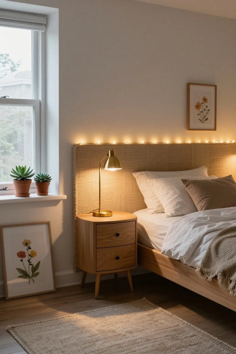 Cozy bedroom corner featuring a rattan-wrapped headboard with fairy lights along the top, wooden nightstand holding a gold lamp, two potted succulents on the windowsill, white bedding with a knit throw, and framed botanical prints on beige walls.