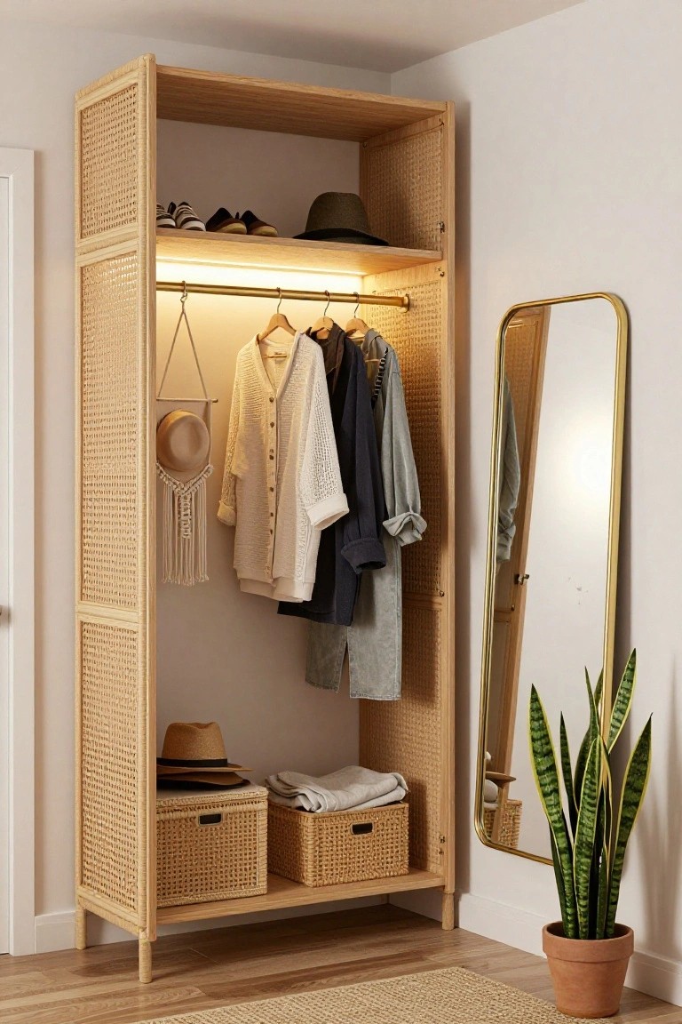 Tall wooden wardrobe with rattan panels in a bedroom corner, showing hanging clothes on a lit rod, shelves with shoes and hats, storage baskets, flanked by a gold mirror and potted snake plant on wood floors.