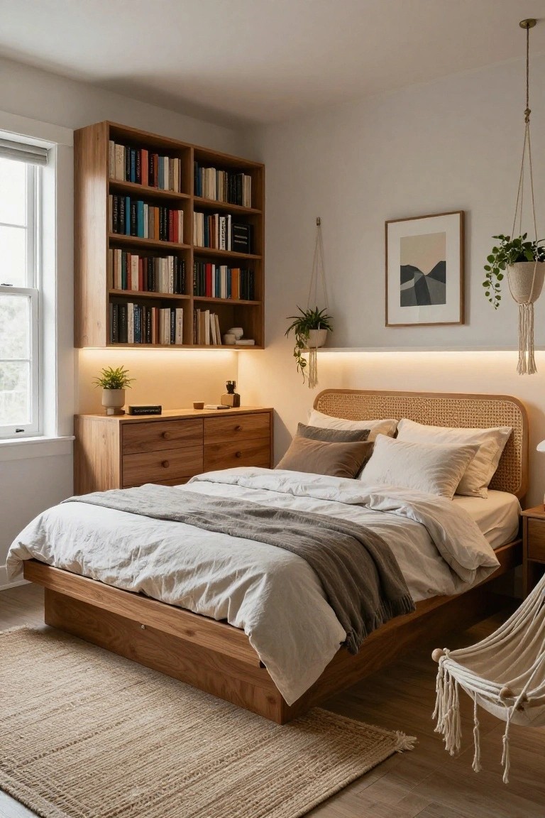 Small bedroom with tall wooden bookshelves along the wall and window, wooden platform bed with rattan headboard, low dresser, plants, hanging hammock chair, and beige rug on wood floor.