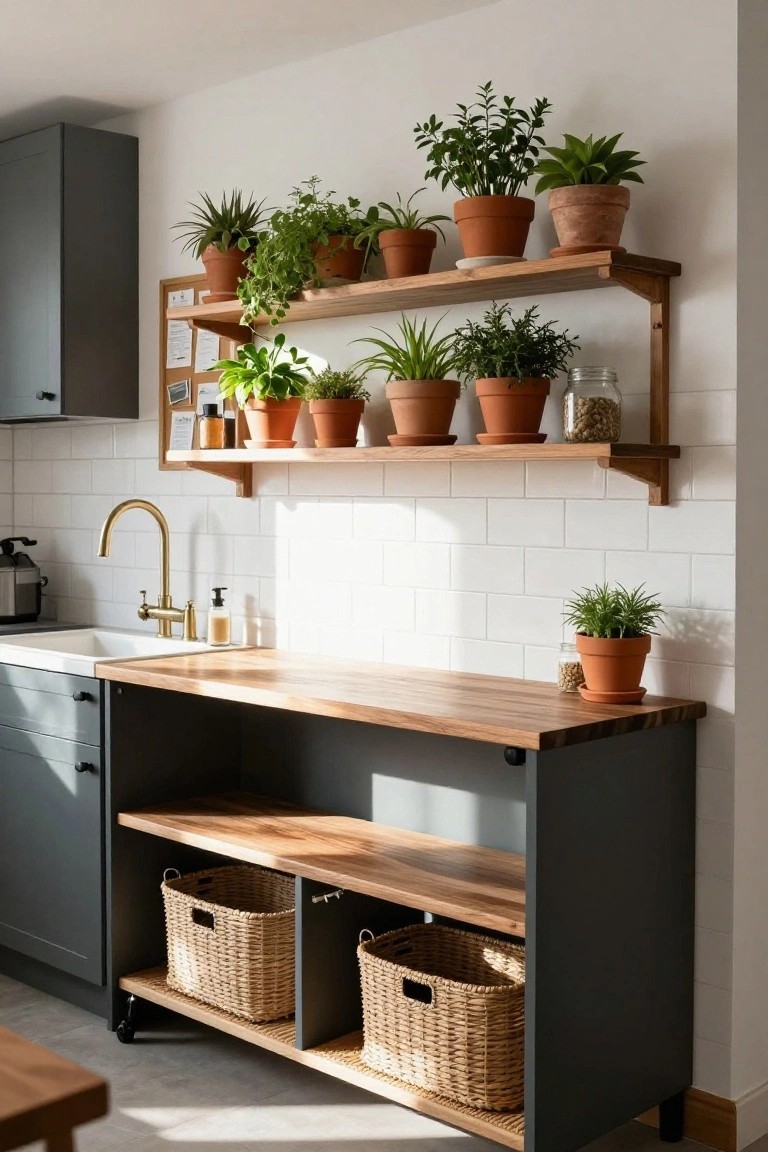 A compact kitchen with dark gray cabinets, light wooden countertop and wall shelves holding multiple potted plants in terracotta pots, brass faucet over white sink, and wicker baskets under the island.