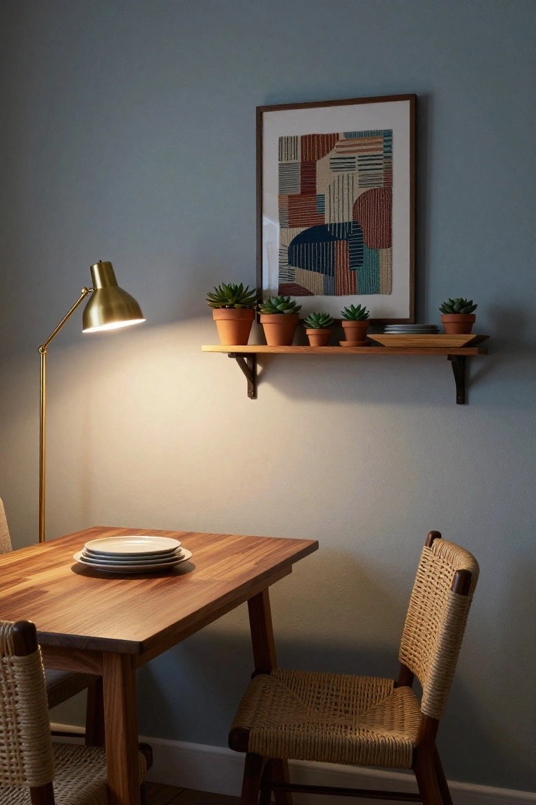 A narrow wooden dining table with stacked white plates sits in a corner, with two rattan chairs, under a wall-mounted wood shelf holding potted succulents, a wooden tray, and plates, beside an abstract textile art print on a gray wall, lit by a brass arc floor lamp.