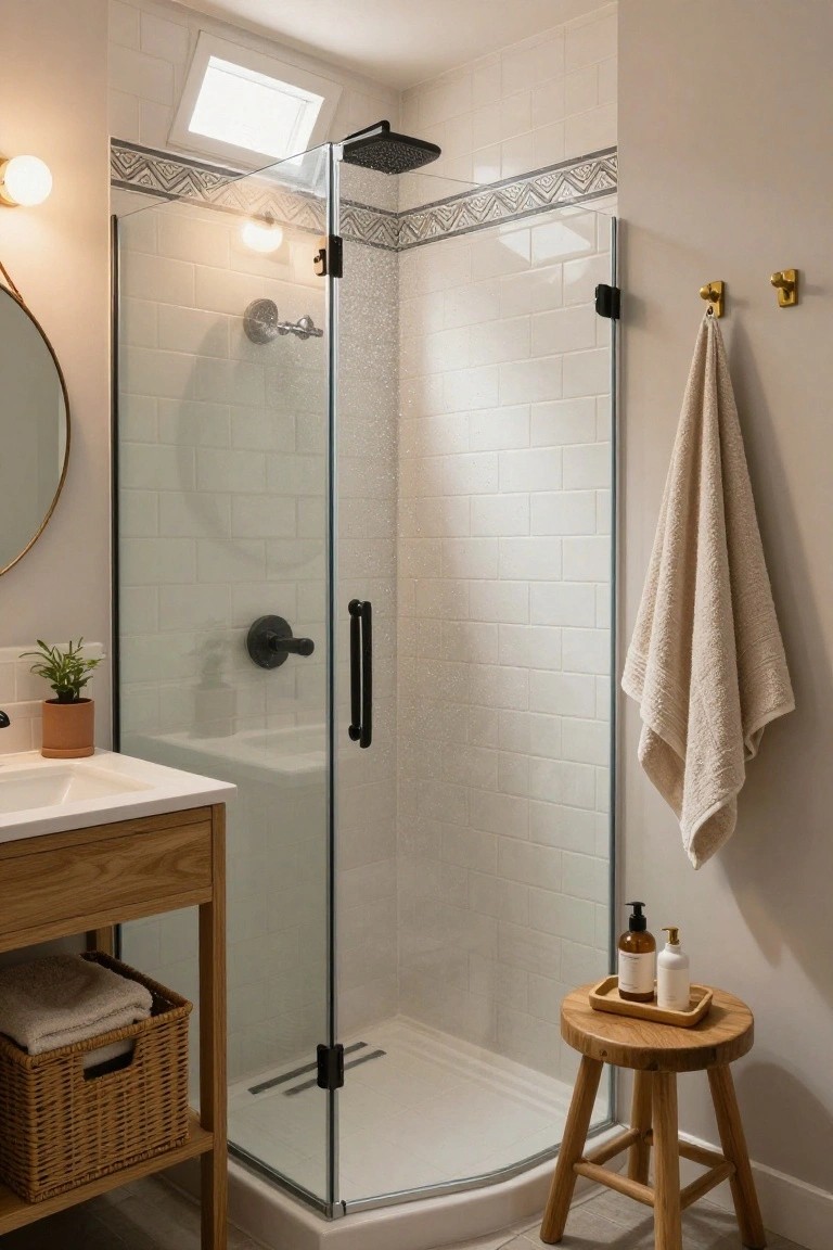 Compact bathroom with corner glass shower enclosure, white subway tile walls with patterned border, wooden vanity, woven basket of towels, potted plant, wooden stool holding bottles, and hanging towels on brass hooks.