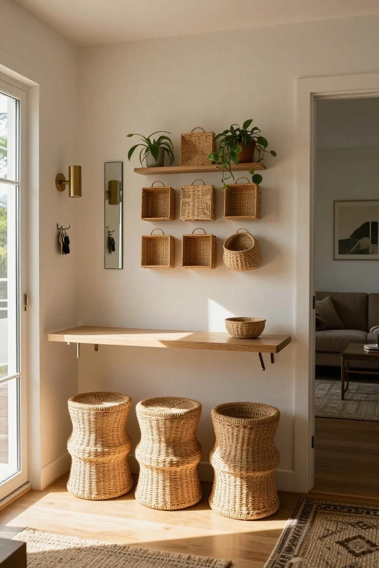 White-walled indoor entry nook with a floating oak shelf, various woven baskets mounted on the wall holding plants and items, two tall woven basket stools below the shelf, a brass wall light, small mirror, key hooks, glass door, and wood floor.