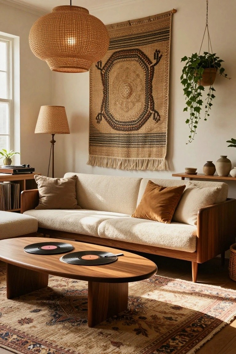 Sunlit living room with cream bouclé sofa on wooden frame, oval wooden coffee table holding two vinyl records, rattan pendant lamp overhead, woven tapestry wall hanging with plants, rattan floor lamp, records shelf, and patterned rug.