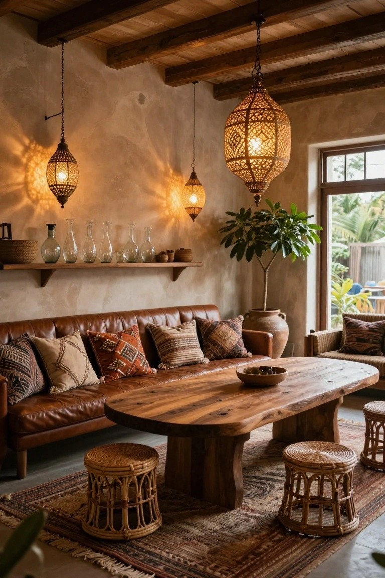 A boho-style living room with tan walls, wooden ceiling beams, hanging brass lanterns, a brown leather sofa with patterned pillows, a large rectangular wooden table surrounded by rattan stools, shelves holding glass bottles and pottery, a potted plant near a window, and a patterned rug on the floor.
