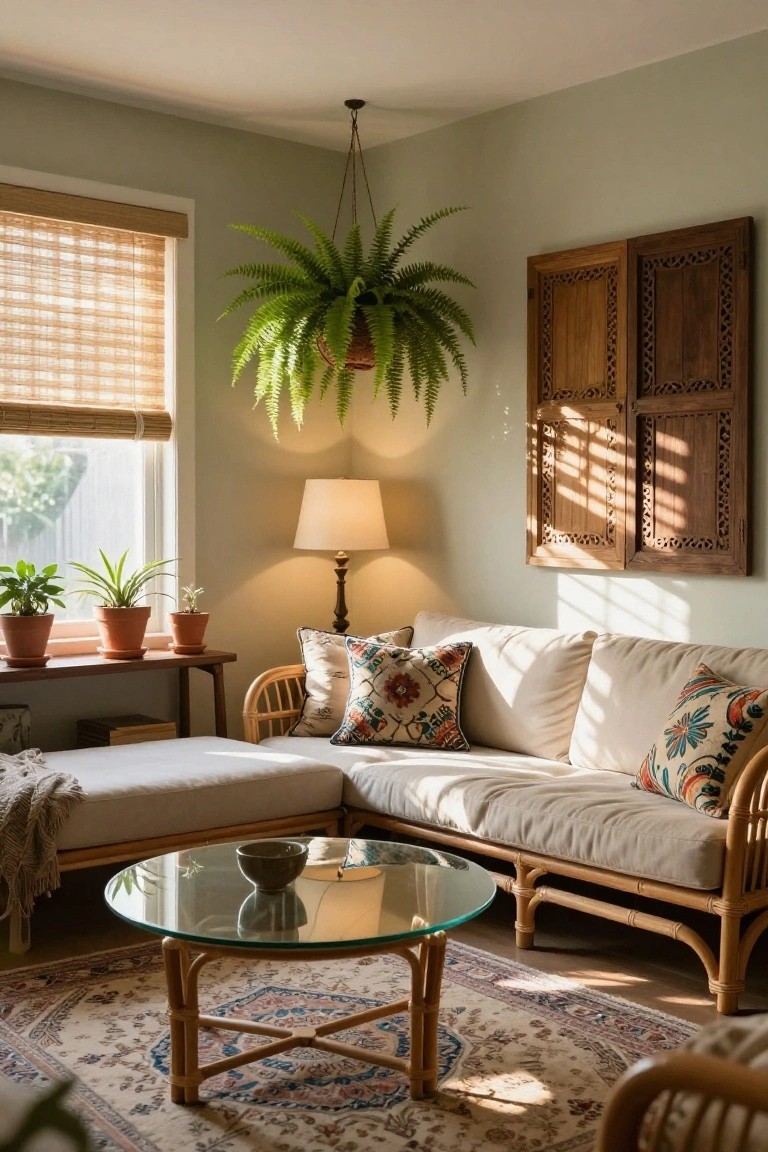 Sunlit living room corner with sage green walls, rattan L-shaped sofa and chairs with embroidered pillows, large hanging fern plant, potted plants on wooden windowsill shelf, carved wooden shutters on wall, glass coffee table, and patterned rug.