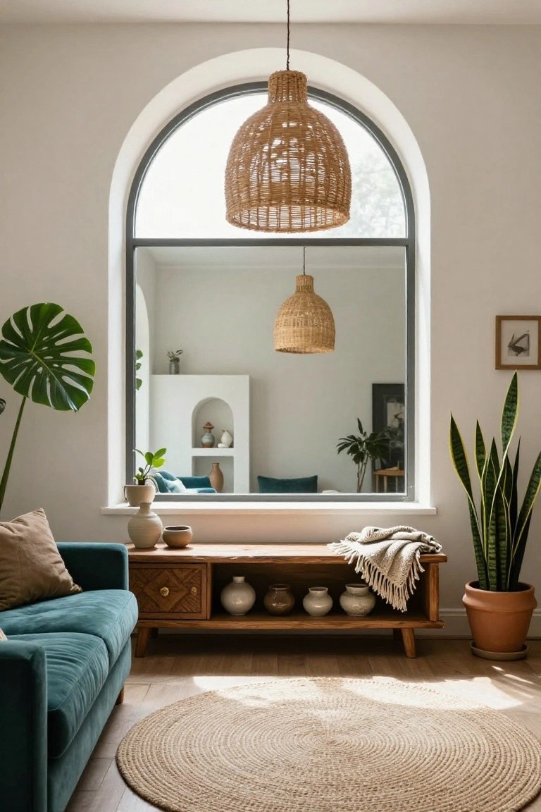 Living room interior with teal velvet sofa, wooden bench under large arched black-framed mirror window, monstera and snake plants in pots, rattan pendant lights, beige cushions, pottery vases, and round jute rug on light wood floor.