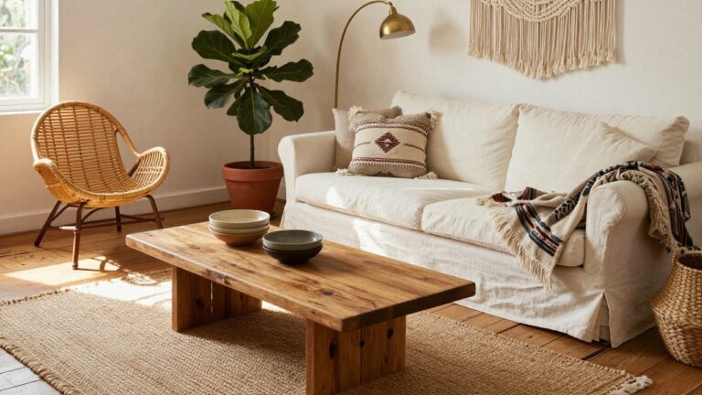 White slipcovered sofa with patterned pillows and throw on a seagrass rug, rattan chair, wooden coffee table with plates, fiddle leaf fig in terracotta pot, macrame wall hanging, gold floor lamp, and white fireplace in a bright room.