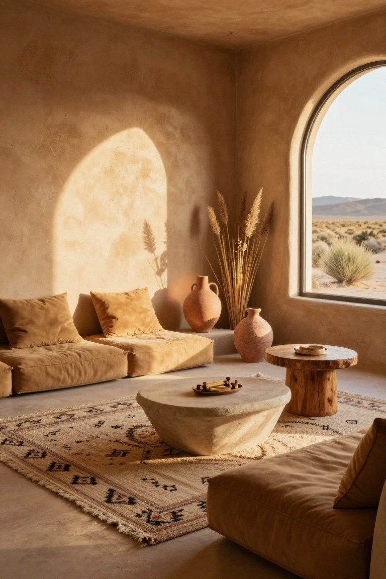 A cozy boho living room featuring low beige modular floor sofas around a white stone coffee table, terracotta vases with pampas grass, a woven rug, and an arched window with desert view.