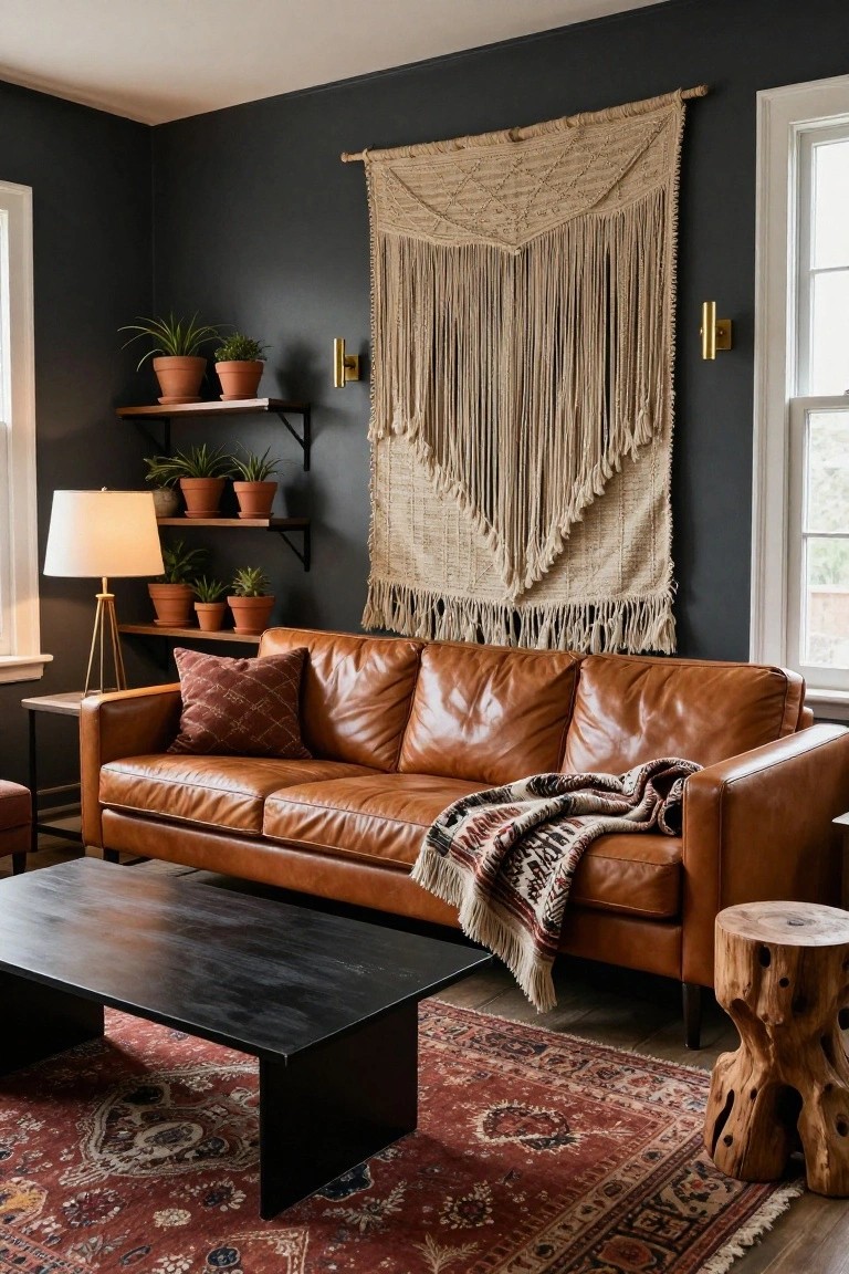 Living room with dark gray walls, large beige macrame wall hanging, tan leather sofa draped with multicolored blanket, potted plants on black floating shelves, brass lamp, black coffee table, red Persian-style rug, and natural wood stool.