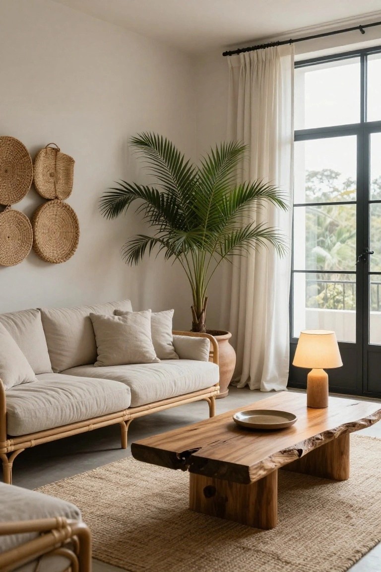 A light boho living room featuring a low cream linen sofa on rattan frame, live-edge wooden coffee table with a plate on top, large potted palm plant, woven straw baskets mounted on white walls, seagrass rug, and large windows with sheer white curtains overlooking trees.