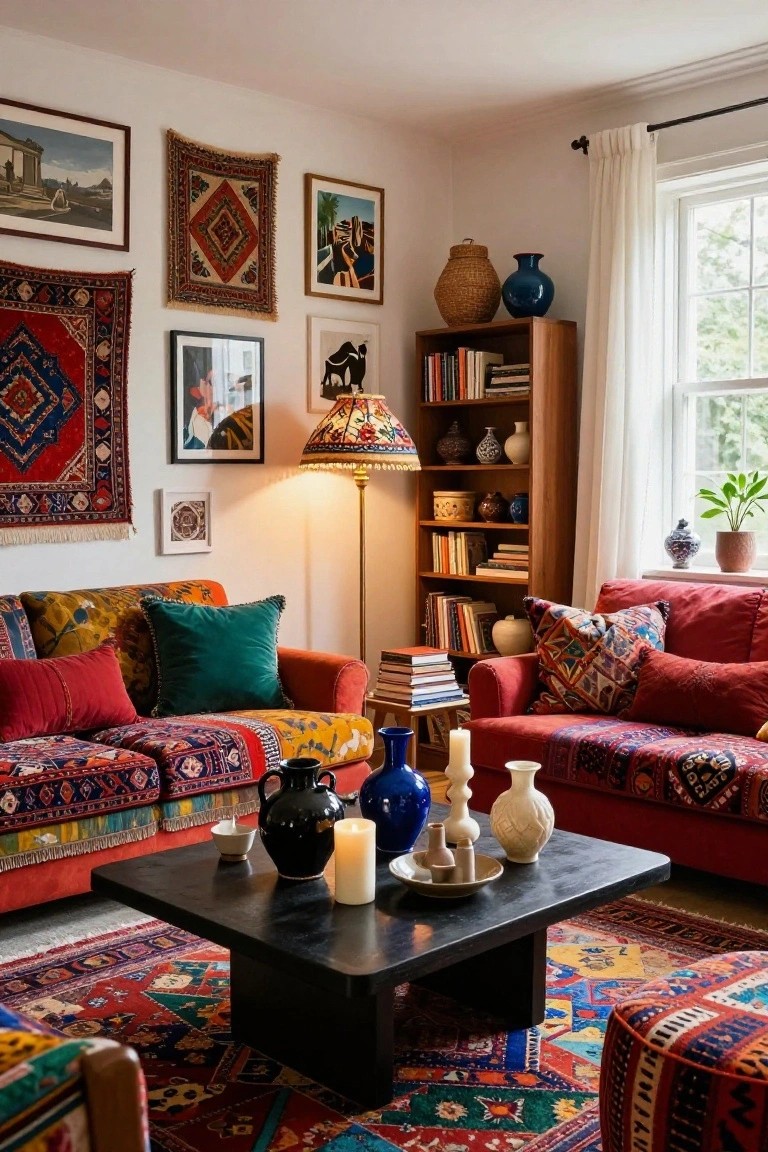 Living room with colorful patterned sofas covered in kilim-style fabrics, layered cushions, a black square coffee table with pottery and candles, wooden bookshelves stocked with books and vases, rugs hung on white walls, and a large patterned floor rug.
