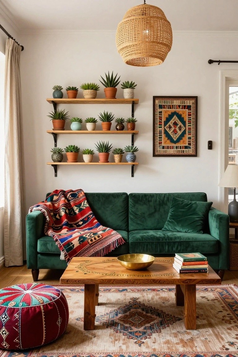 Boho living room with emerald green velvet sofa draped in colorful woven blanket, wooden coffee table holding brass bowl and books, red and multicolored pouf, woven rattan pendant light, shelves of potted succulents on white wall, colorful geometric wall art, beige curtains, and patterned rug.