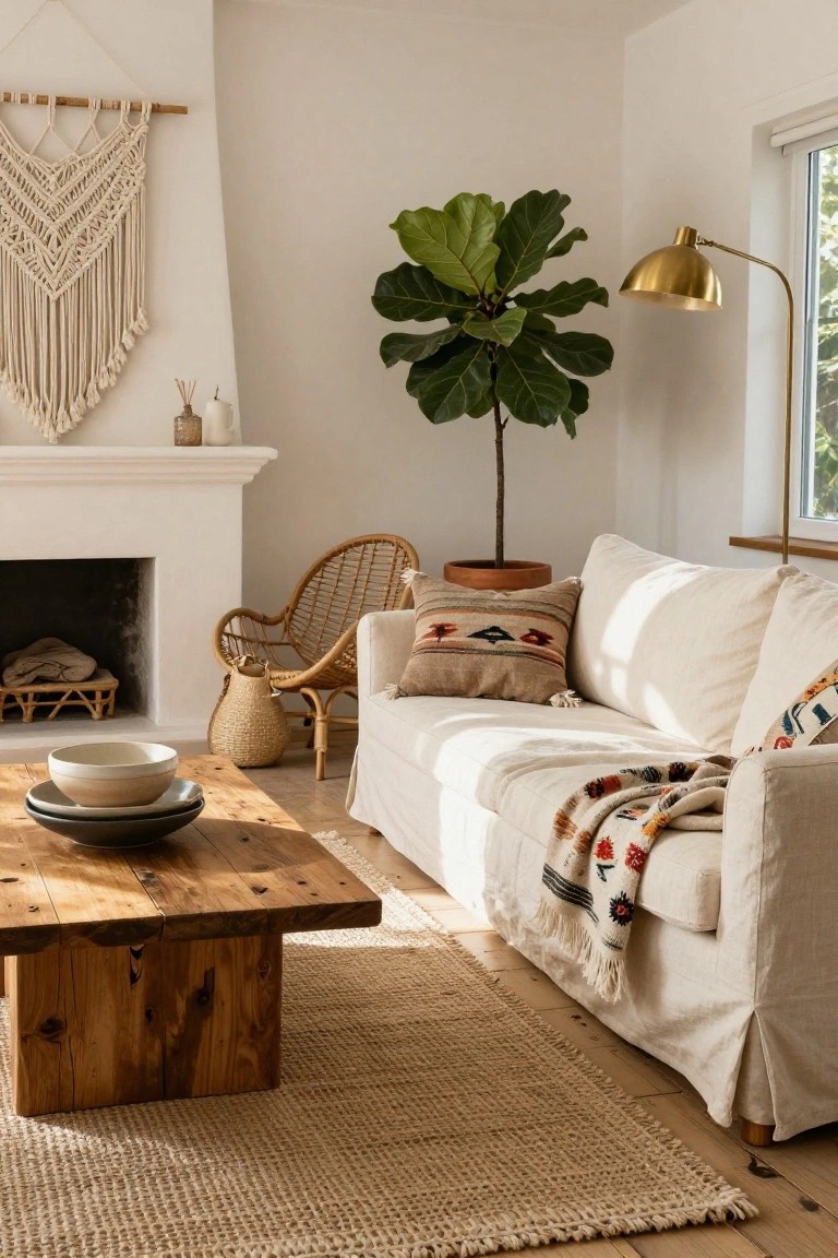 White slipcovered sofa with patterned pillows and throw on a seagrass rug, rattan chair, wooden coffee table with plates, fiddle leaf fig in terracotta pot, macrame wall hanging, gold floor lamp, and white fireplace in a bright room.