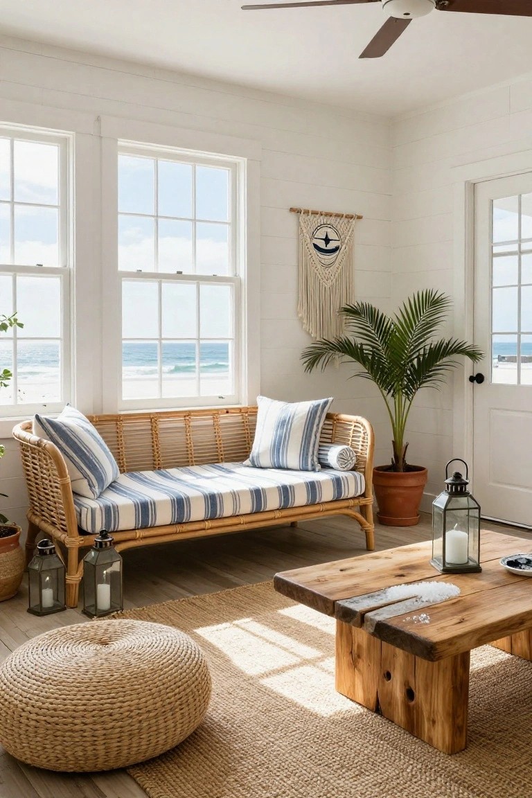 White shiplap-walled room with large windows overlooking the beach, featuring a curved rattan daybed with blue-and-white striped cushions and pillows, a wooden coffee table, woven pouf, potted palm tree, hanging macrame, and lanterns.