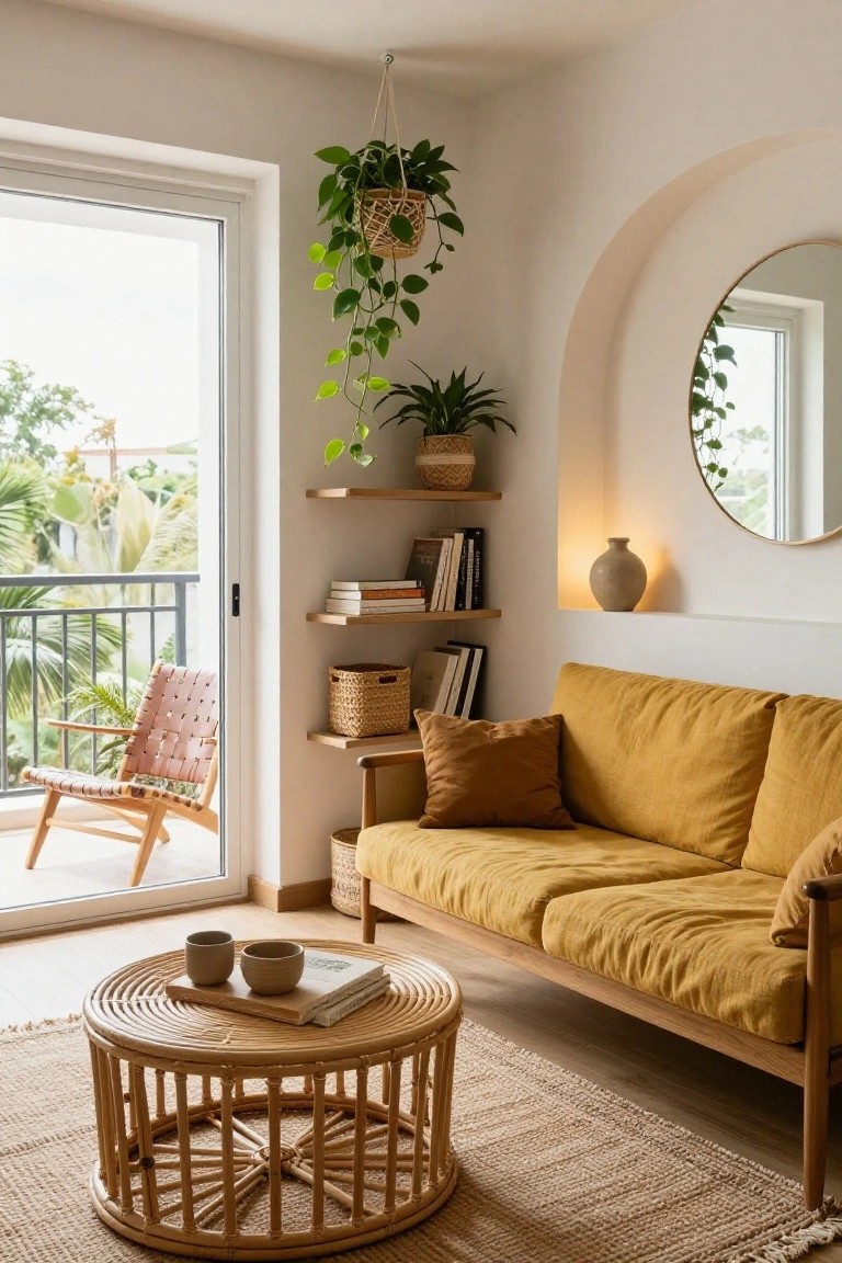 Light boho living room interior with mustard yellow sofa on wooden frame, round rattan coffee table on jute rug, wicker chair, wooden shelves with books and baskets, hanging and potted plants, arched white niche with round mirror and vase, and sliding glass doors to balcony with palm trees and railing.