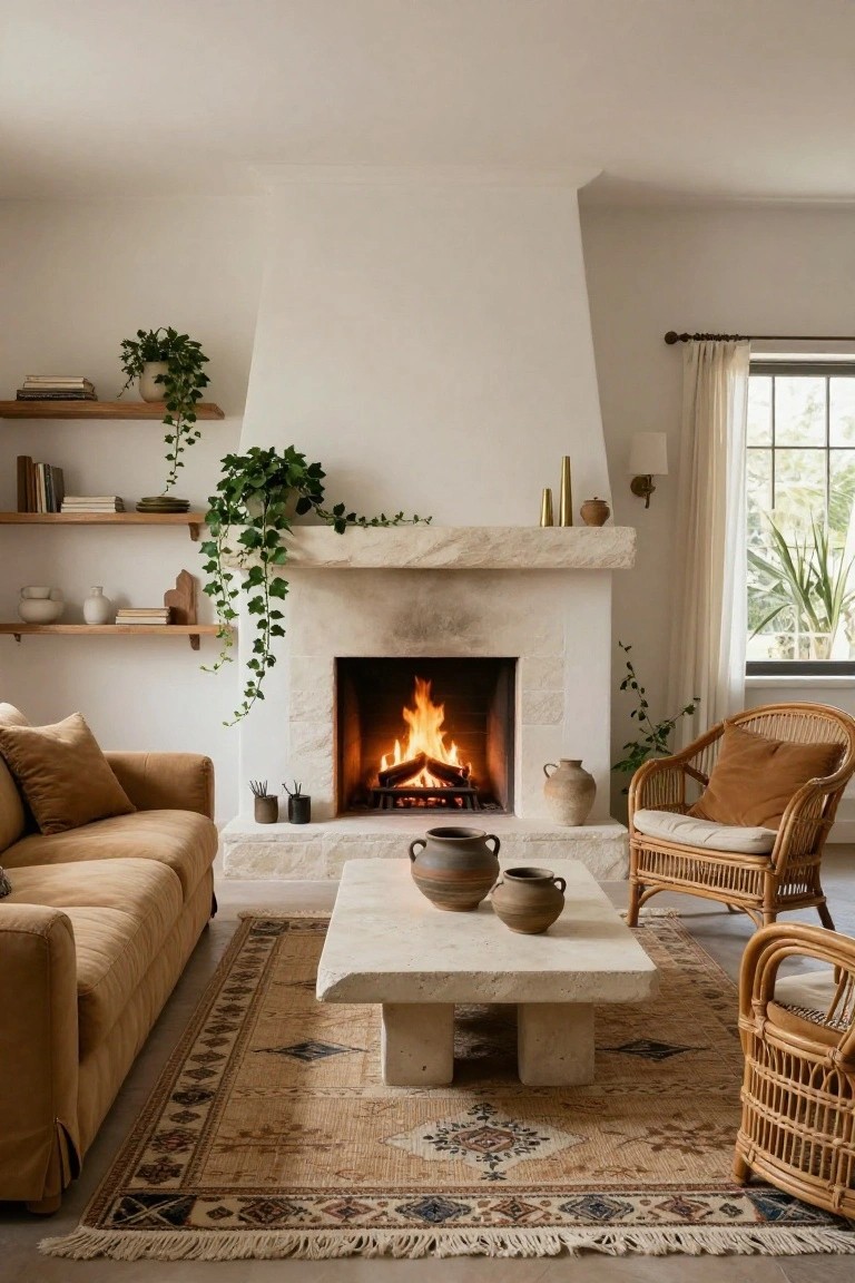 Living room interior with a tall beige stone fireplace, trailing green ivy plants on wooden shelves above the mantel, beige sofa, rattan armchairs, stone coffee table holding terracotta pots, patterned rug, and large windows with sheer curtains.