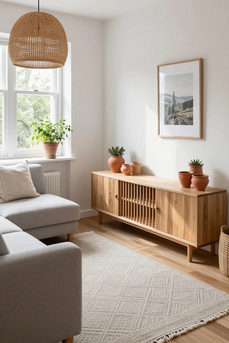 Light wood slatted credenza topped with multiple terracotta pots containing various plants, positioned next to a gray L-shaped sofa in a white-walled living room with a woven pendant lamp and window plants.