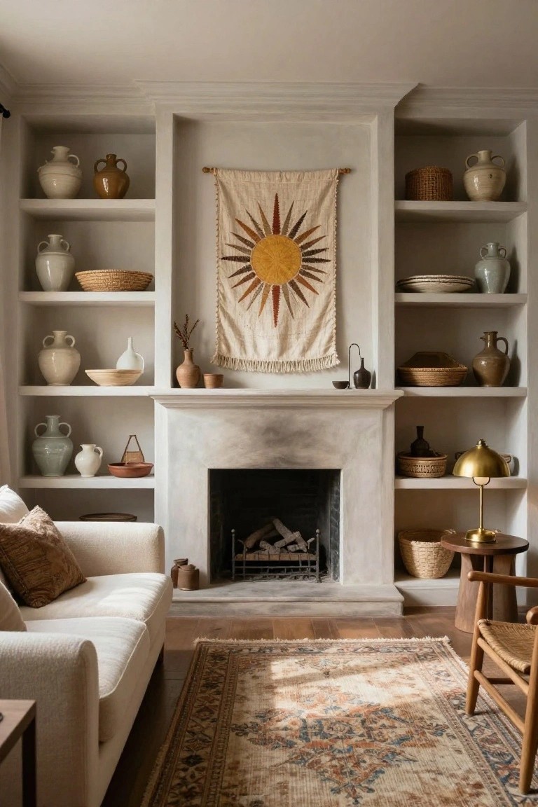 Symmetrical built-in shelves flank a limestone fireplace in a light living room, filled with ceramic vases, baskets, woven trays, and plates in neutral tones, with a large woven sun tapestry centered above the mantel, a white sofa nearby, a patterned rug on wood floors, and wooden chairs.
