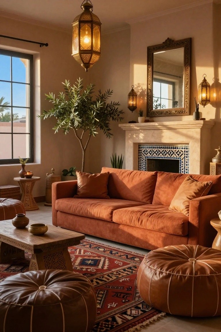A boho living room with terracotta orange sofa, tan leather poufs on a red patterned rug, potted olive tree, fireplace with blue tiles, brass lanterns, and wooden furniture.