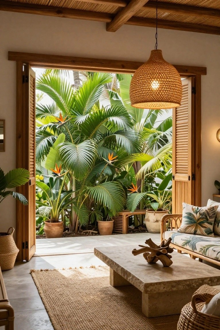 A boho living room with open louvered wooden doors framing dense tropical plants including palms and bird-of-paradise flowers, a low rectangular stone coffee table with driftwood sculpture, rattan sofa with cushions, seagrass rug, and woven hanging lamp.