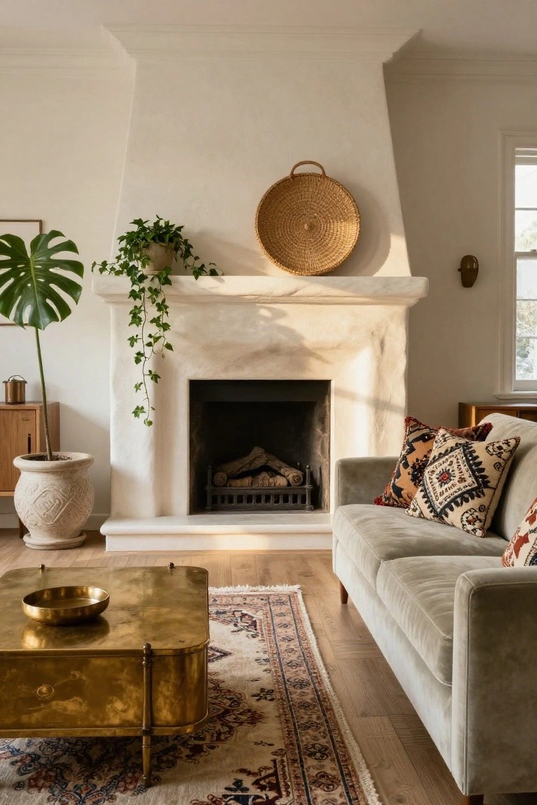 A living room with a textured white stucco fireplace, ivy plants trailing from the mantel, a monstera in a terracotta pot nearby, woven basket on the wall, green velvet sofa with patterned pillows, brass coffee table, and Persian rug on light wood floors.