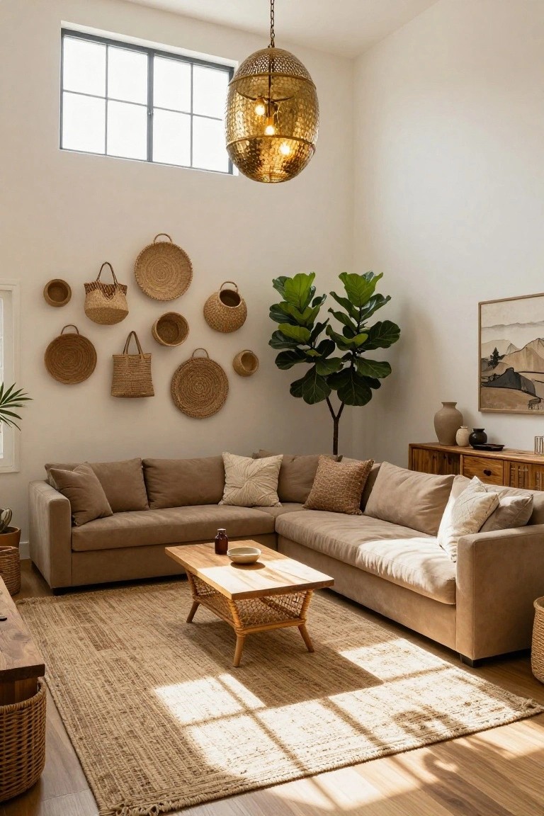 A sunlit boho living room with a beige L-shaped sofa, wooden rattan coffee table, large fiddle leaf fig plant, wooden sideboard, and walls covered in various woven baskets and bags.
