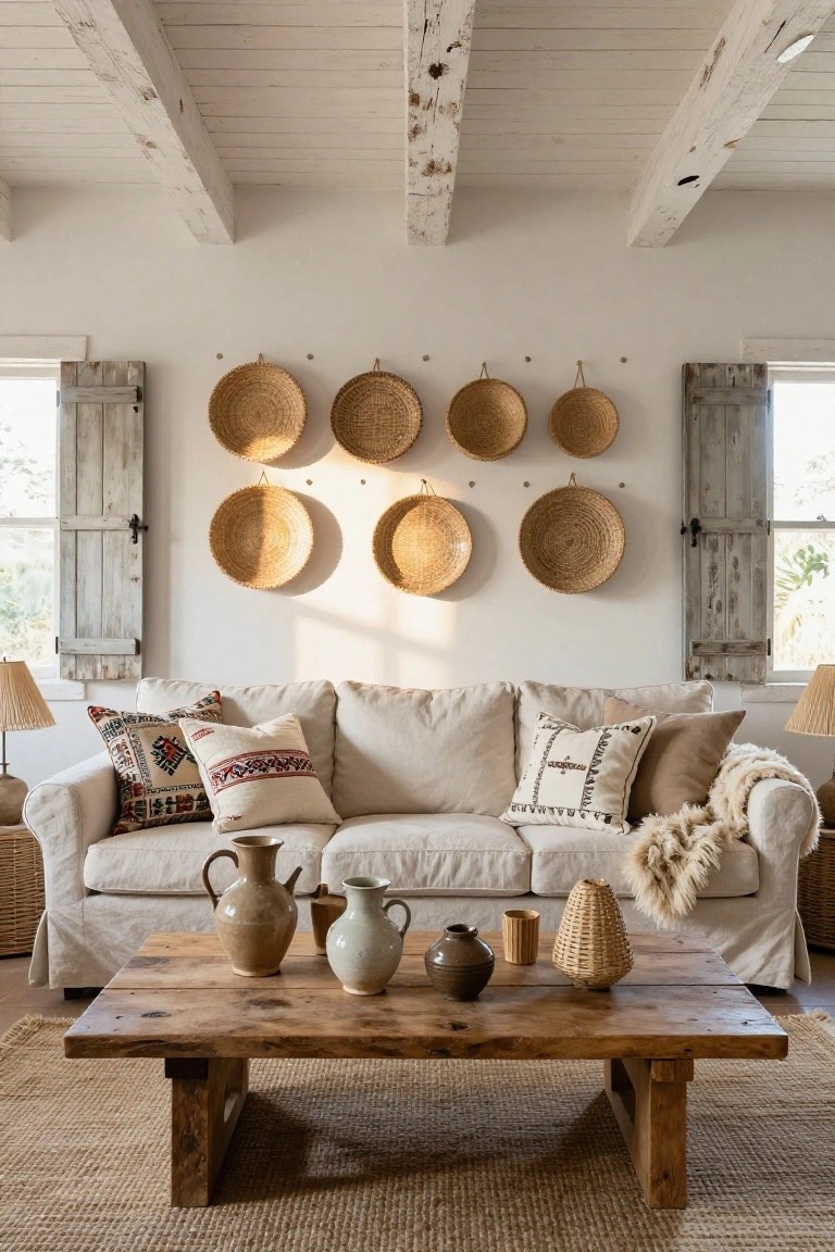 A sunlit living room with white walls, wooden beam ceiling, beige slipcovered sofa, rustic wooden coffee table with pottery vases and basket, and multiple woven baskets hanging above the sofa beside shuttered windows.