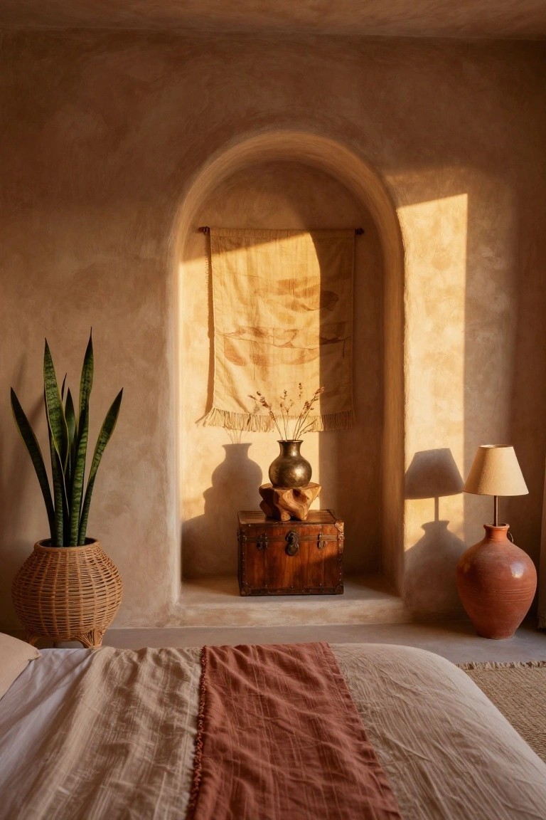 Beige textured plaster bedroom walls with an arched niche holding a yellowed tapestry, brass vase of dried flowers on a wooden trunk, snake plant in basket pot, terracotta pots, lamp, and low bed with beige and rust linens.