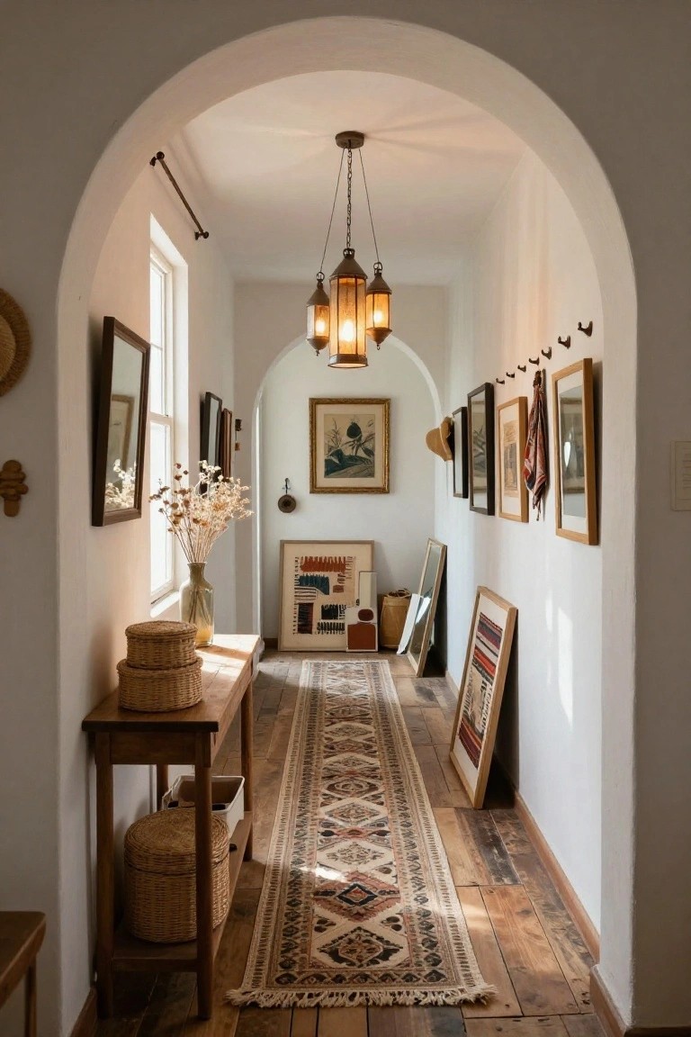 White arched interior hallway with wooden floors covered by a patterned runner rug, wooden console table holding woven baskets and a vase of dried branches, pendant lantern light, and an eclectic wall display of framed art, mirrors, paintings, scarves, and a hat.