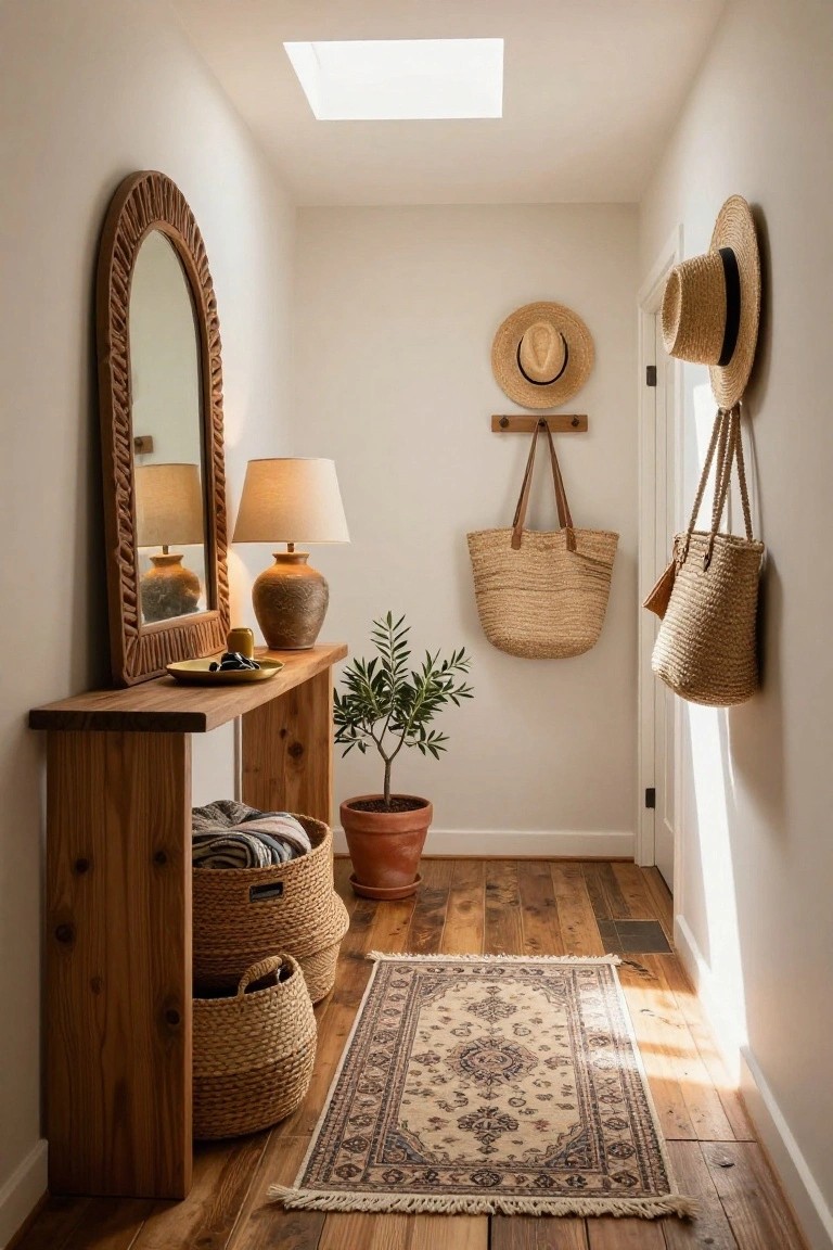 Narrow white hallway featuring a rustic wooden console table with stacked wicker baskets underneath, a carved wood mirror, table lamp, potted olive tree, hanging straw hats and bags, and a patterned rug on wood flooring.