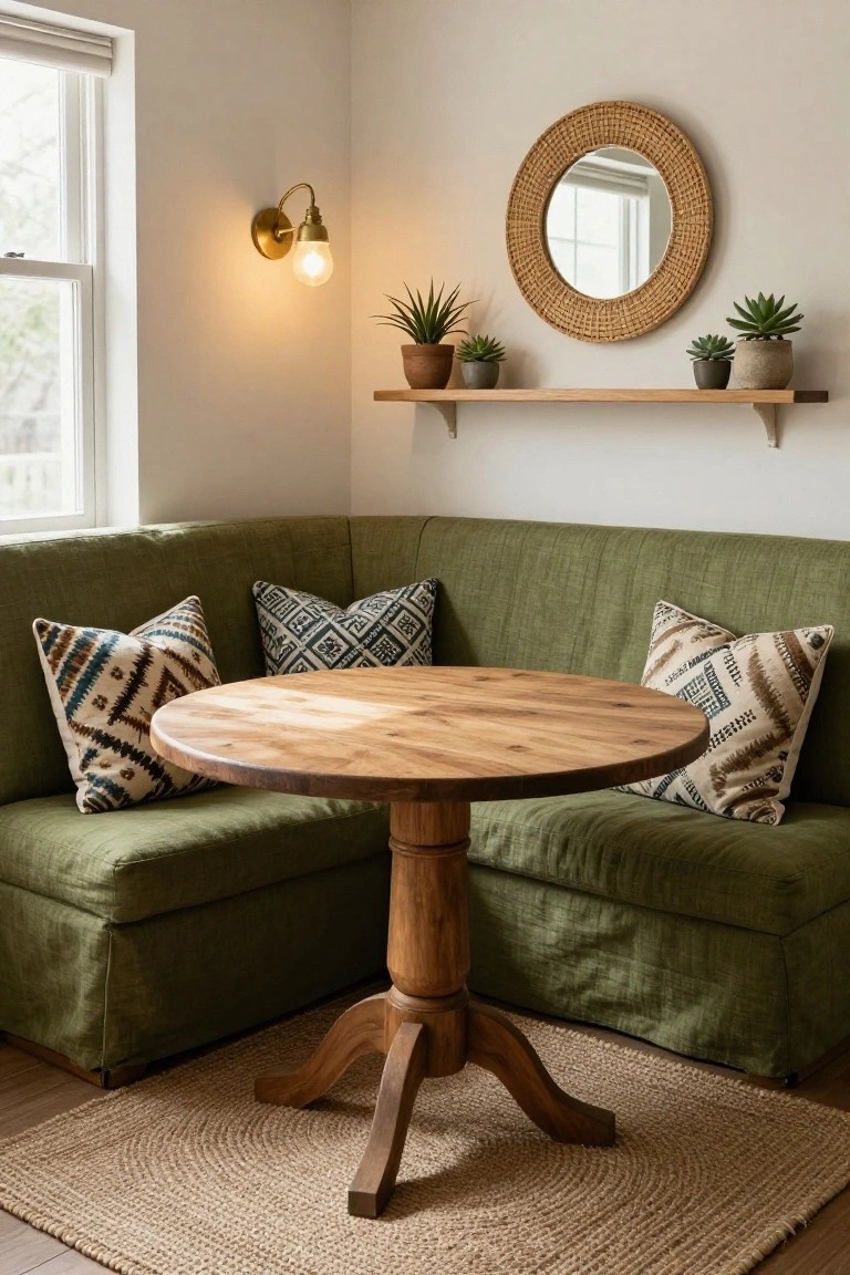 Corner room with green linen L-shaped sofa, round wooden pedestal table, patterned pillows, potted plants on wooden shelf, rattan mirror, brass wall lamp, beige walls, window, and seagrass rug.