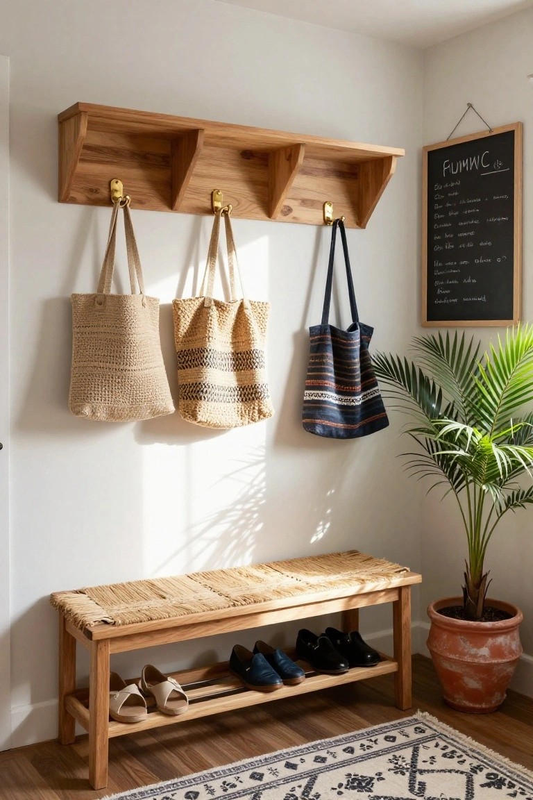 White entryway wall with wooden shelf and three brass hooks holding three woven tote bags, a chalkboard sign nearby, wooden bench with shoes and sandals stored below, potted palm plant in terracotta pot, and woven rug on wood floor.