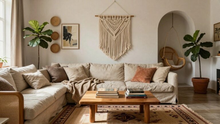 24 Chic Boho Home Decor Ideas That Elevate Every Room A light beige living room with a large cream macrame wall hanging, two woven baskets flanking an arched wall niche containing another basket and a hanging artwork with a bird, a beige linen sofa with rust throw pillow, rattan chair arm, wooden coffee table with stacked books and potted plants, large potted fiddle leaf fig, and a patterned rug on wood floor.