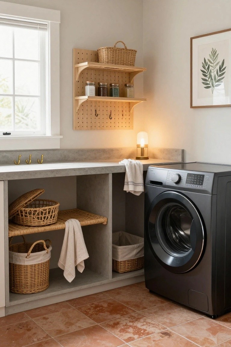 A laundry room with a black front-load washer next to open lower cabinets containing wicker baskets and towels, a concrete countertop with gold hooks and a lamp, wooden pegboard wall shelves holding jars, and a terracotta tile floor.