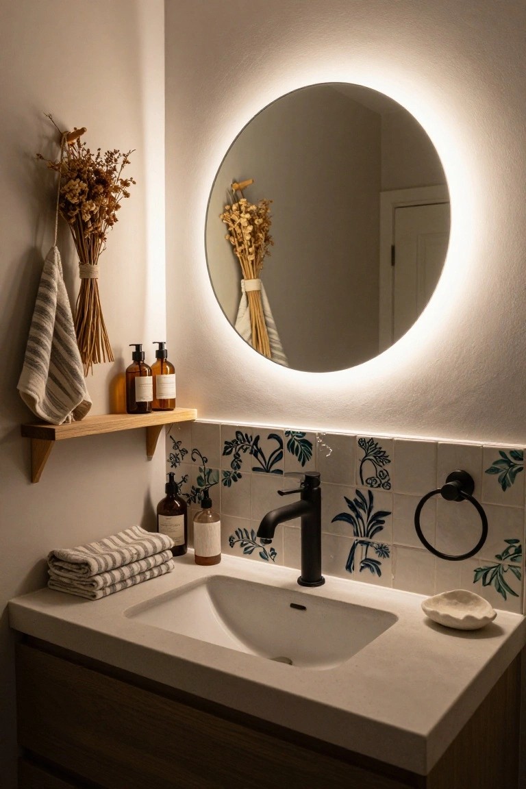 Bathroom vanity with round backlit mirror, matte black faucet and white sink on quartz countertop, wooden floating shelf stocked with lotion bottles and dried pampas grass hanging nearby, and white wall tiles featuring blue scalloped designs with green leaf motifs.