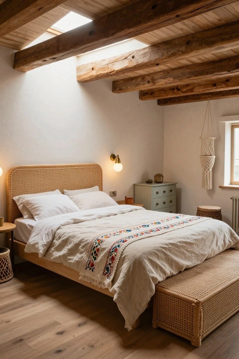 Bedroom with rattan headboard and foot bench on wooden bed frame, white linens topped by embroidered bedspread, exposed wooden beams on ceiling, wall sconces, macrame plant hanger, and side tables.