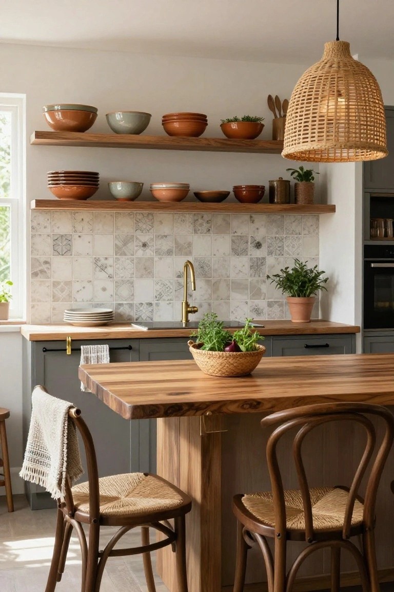 Kitchen with open wood shelves holding ceramic bowls and plants, rattan pendant light over wooden island table with rattan chairs, gray cabinets, brass faucet, and tiled backsplash.