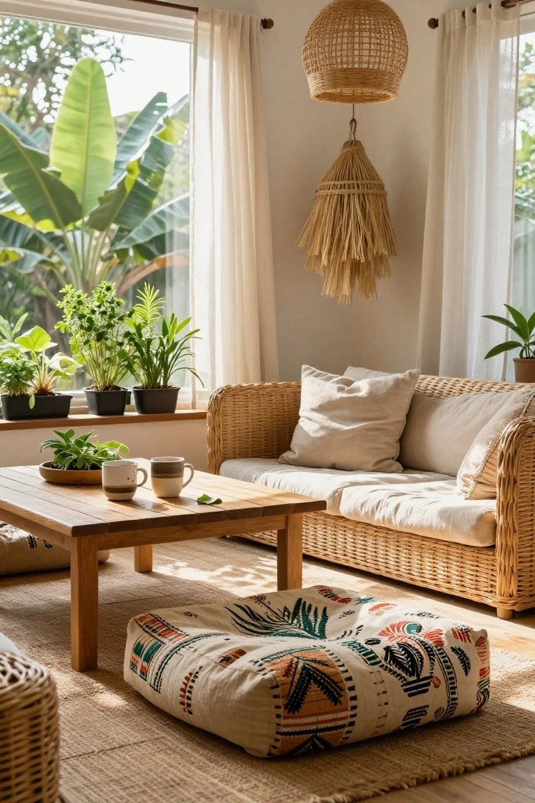 Bright indoor living room with beige rattan sofa, wooden coffee table holding teacups and a plant, patterned floor pouf, multiple potted plants on windowsill, sheer curtains, rattan pendant lamp, and view of banana plants outside.