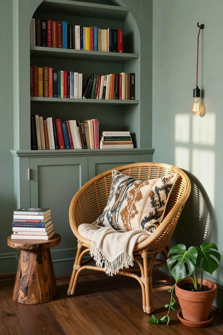 Sage green arched built-in bookshelves filled with colorful books next to a rattan armchair with patterned pillow and wool throw on a wooden stool side table with stacked books, beside a monstera plant in terracotta pot on wooden floors.
